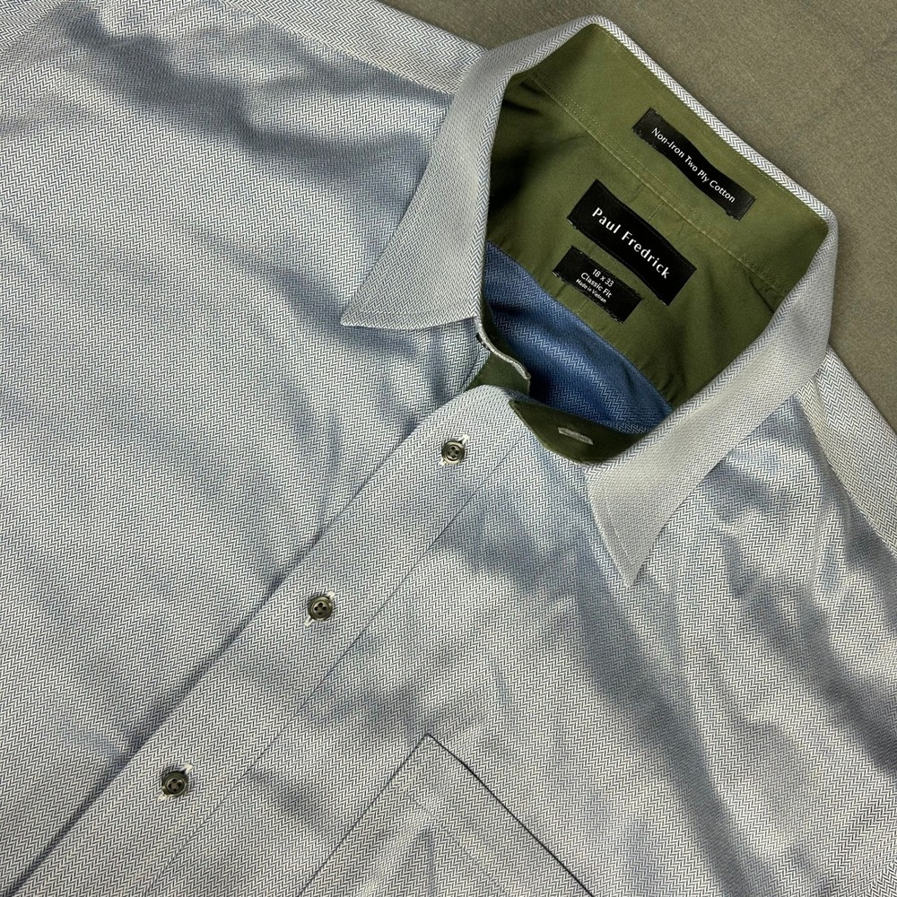 Paul Fredrick Dress Shirt Non-Iron Cotton Classic Fit Mens 18 x 33 Blue Olive